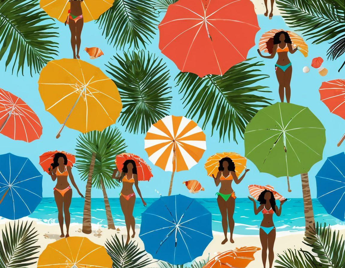 A sun-soaked beach scene featuring a diverse group of women in vibrant, eco-friendly bikinis, showcasing various sustainable materials. Display colorful beach umbrellas, green palm trees, and clear blue water in the background. Incorporate elements of nature like seashells and coral to emphasize eco-friendliness. The atmosphere should radiate joy and summer vibes. whimsical illustration. vibrant colors. 3D effect.