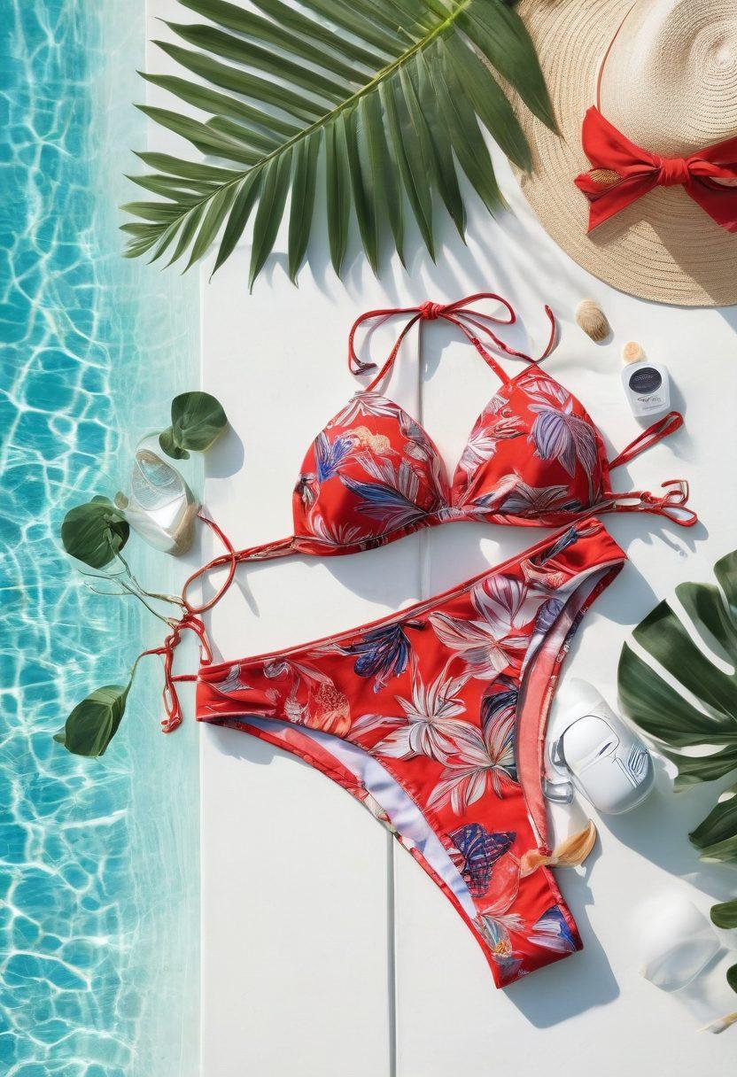 A stylish eco-conscious bikini displayed elegantly on a sunlit poolside, with lush greenery and a serene shoreline in the background. Include elements like a soft beach towel, seashells scattered around, and a reusable water bottle to emphasize sustainability. The colors should reflect a vibrant summer palette, showcasing the bikini's unique patterns. super-realistic. vibrant colors. white background.